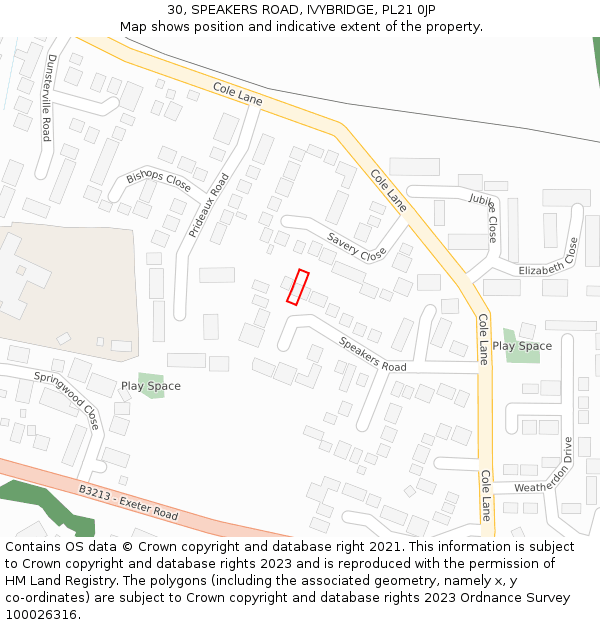 30, SPEAKERS ROAD, IVYBRIDGE, PL21 0JP: Location map and indicative extent of plot