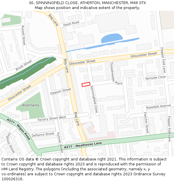 30, SPINNINGFIELD CLOSE, ATHERTON, MANCHESTER, M46 0TX: Location map and indicative extent of plot