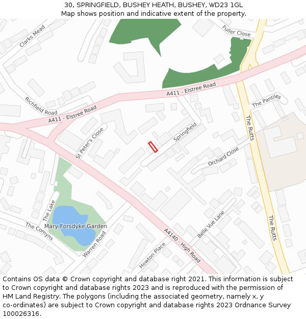 30, SPRINGFIELD, BUSHEY HEATH, BUSHEY, WD23 1GL: Location map and indicative extent of plot