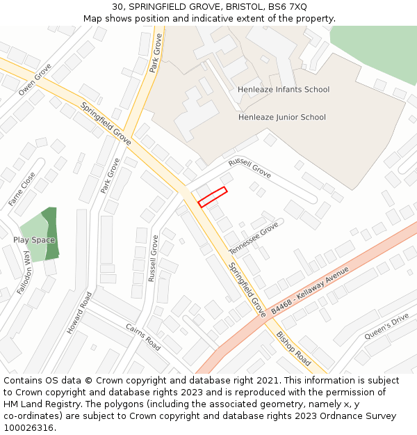 30, SPRINGFIELD GROVE, BRISTOL, BS6 7XQ: Location map and indicative extent of plot
