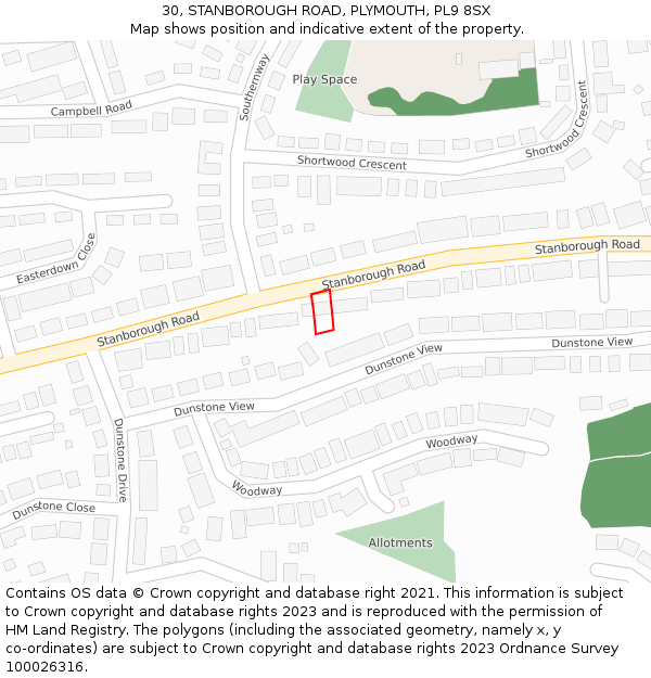 30, STANBOROUGH ROAD, PLYMOUTH, PL9 8SX: Location map and indicative extent of plot