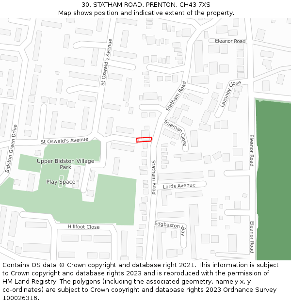 30, STATHAM ROAD, PRENTON, CH43 7XS: Location map and indicative extent of plot