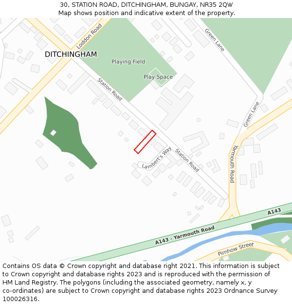 30, STATION ROAD, DITCHINGHAM, BUNGAY, NR35 2QW: Location map and indicative extent of plot