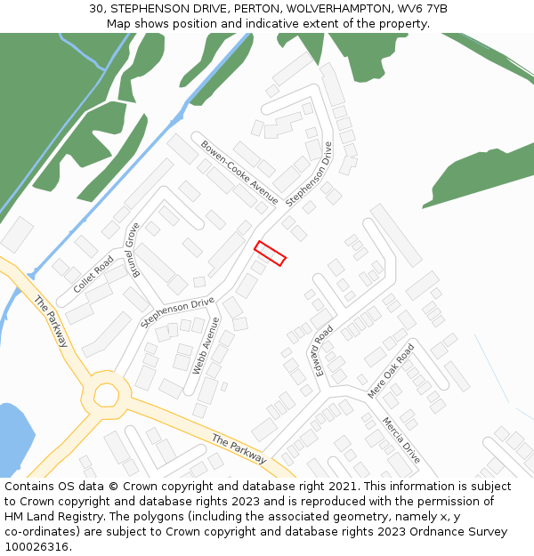 30, STEPHENSON DRIVE, PERTON, WOLVERHAMPTON, WV6 7YB: Location map and indicative extent of plot