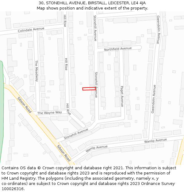 30, STONEHILL AVENUE, BIRSTALL, LEICESTER, LE4 4JA: Location map and indicative extent of plot