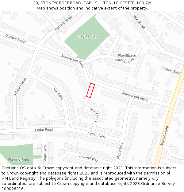 30, STONEYCROFT ROAD, EARL SHILTON, LEICESTER, LE9 7JA: Location map and indicative extent of plot