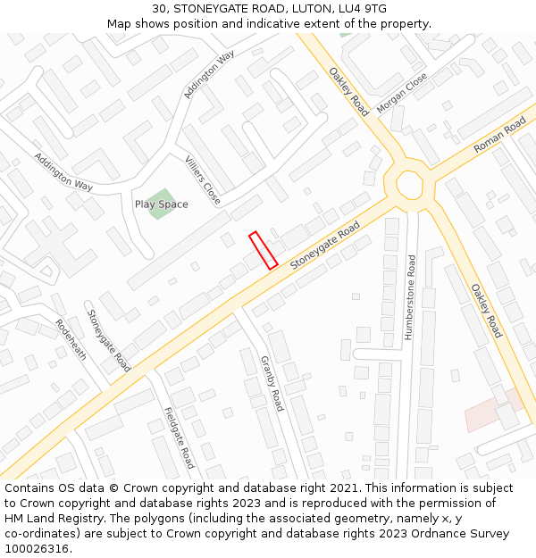 30, STONEYGATE ROAD, LUTON, LU4 9TG: Location map and indicative extent of plot