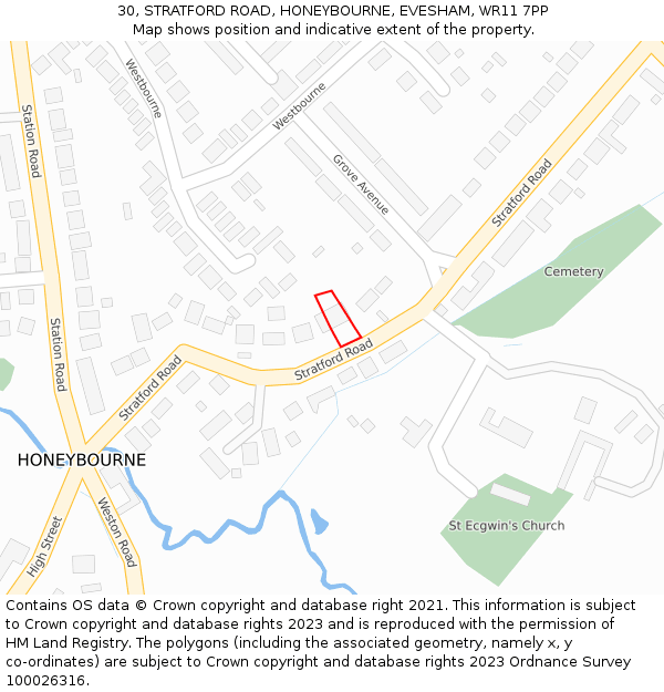 30, STRATFORD ROAD, HONEYBOURNE, EVESHAM, WR11 7PP: Location map and indicative extent of plot