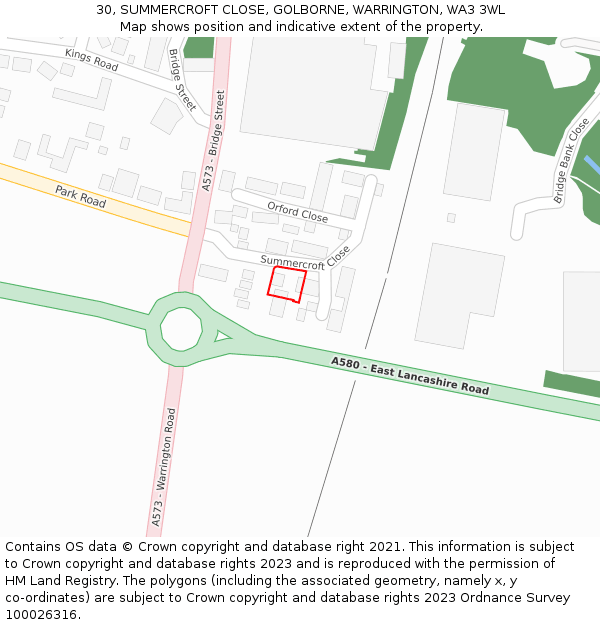 30, SUMMERCROFT CLOSE, GOLBORNE, WARRINGTON, WA3 3WL: Location map and indicative extent of plot