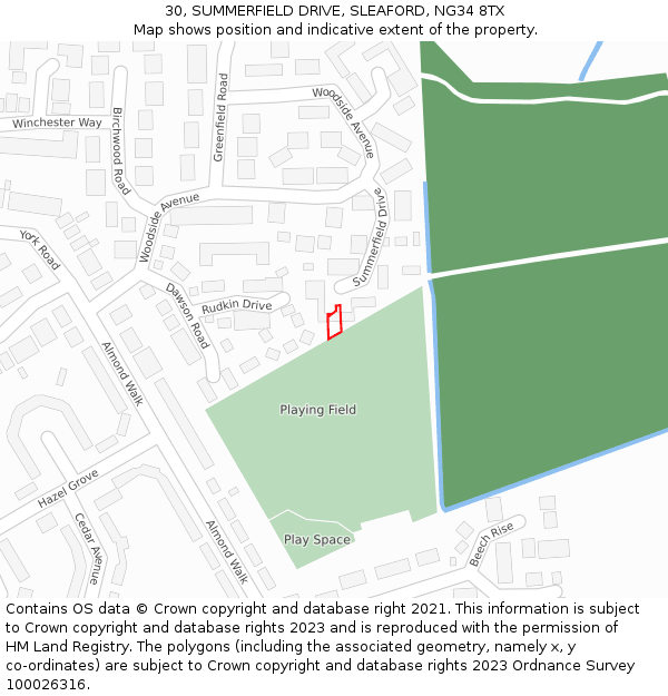 30, SUMMERFIELD DRIVE, SLEAFORD, NG34 8TX: Location map and indicative extent of plot