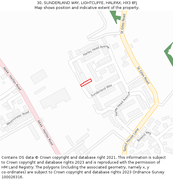 30, SUNDERLAND WAY, LIGHTCLIFFE, HALIFAX, HX3 8FJ: Location map and indicative extent of plot