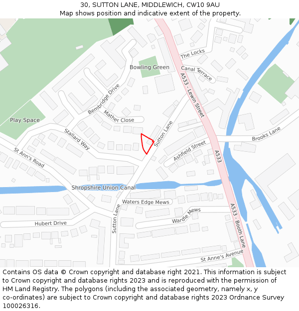 30, SUTTON LANE, MIDDLEWICH, CW10 9AU: Location map and indicative extent of plot