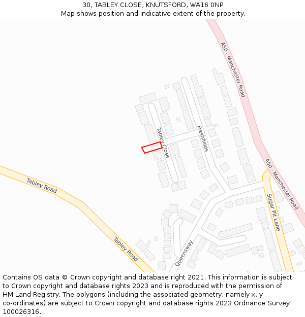 30, TABLEY CLOSE, KNUTSFORD, WA16 0NP: Location map and indicative extent of plot