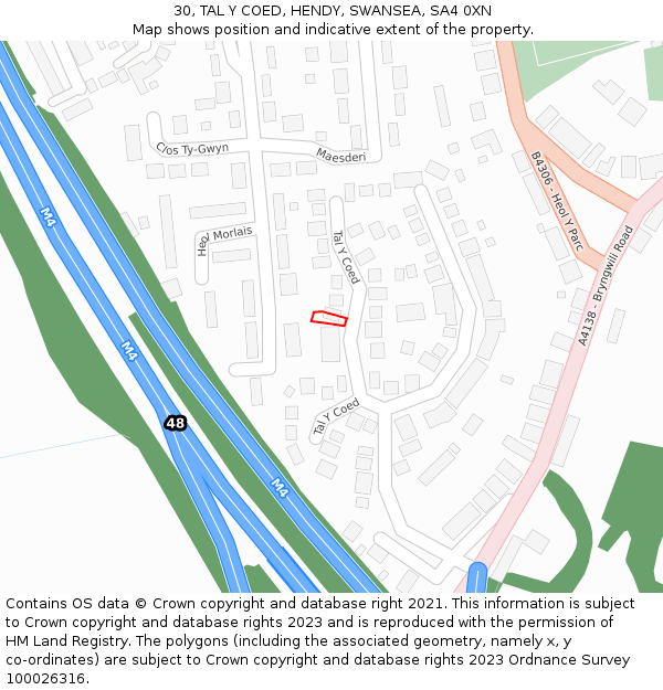 30, TAL Y COED, HENDY, SWANSEA, SA4 0XN: Location map and indicative extent of plot