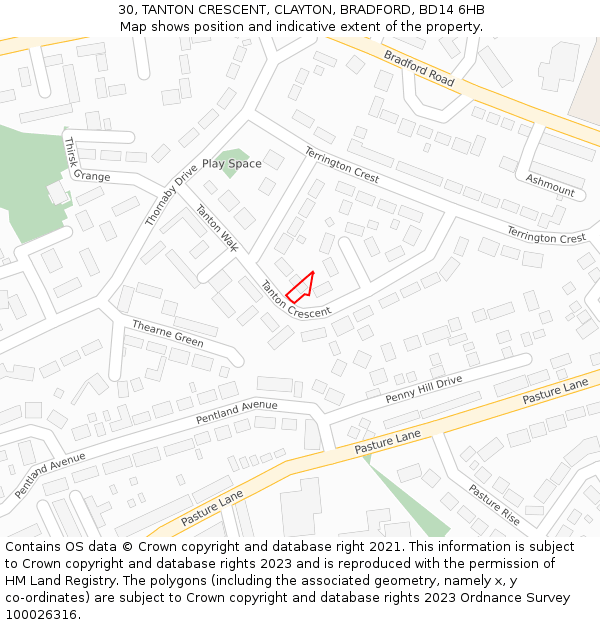 30, TANTON CRESCENT, CLAYTON, BRADFORD, BD14 6HB: Location map and indicative extent of plot