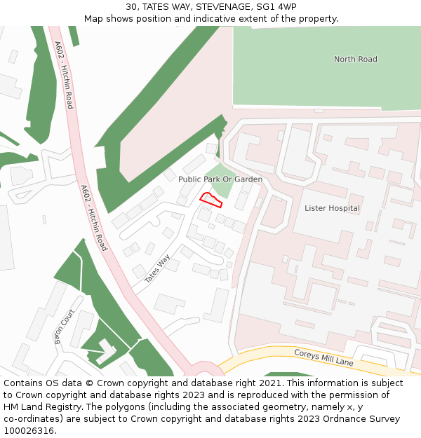 30, TATES WAY, STEVENAGE, SG1 4WP: Location map and indicative extent of plot