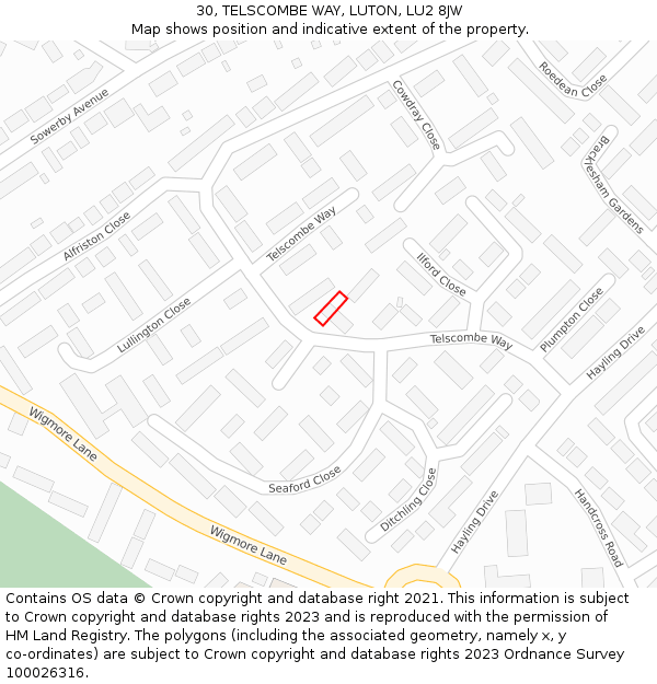 30, TELSCOMBE WAY, LUTON, LU2 8JW: Location map and indicative extent of plot