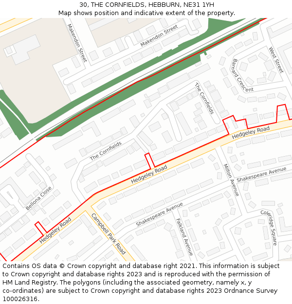 30, THE CORNFIELDS, HEBBURN, NE31 1YH: Location map and indicative extent of plot