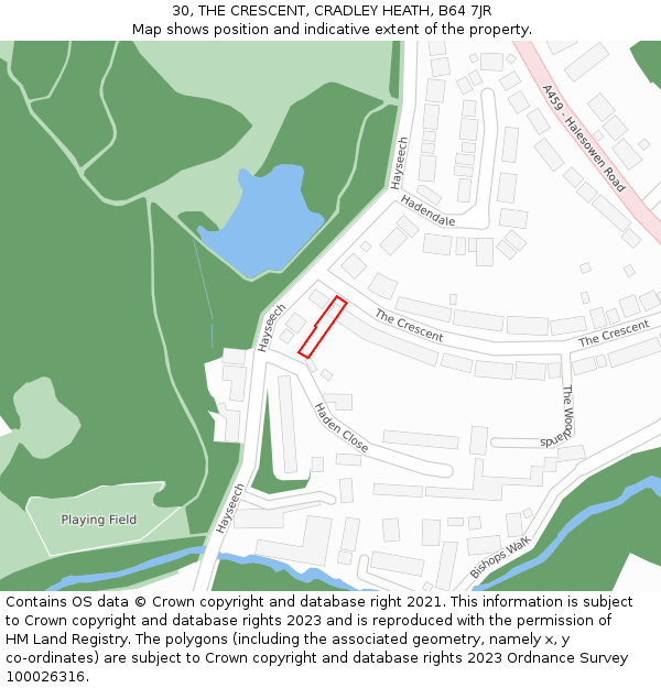 30, THE CRESCENT, CRADLEY HEATH, B64 7JR: Location map and indicative extent of plot