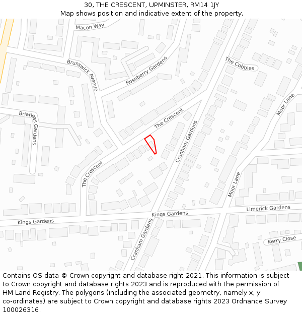 30, THE CRESCENT, UPMINSTER, RM14 1JY: Location map and indicative extent of plot