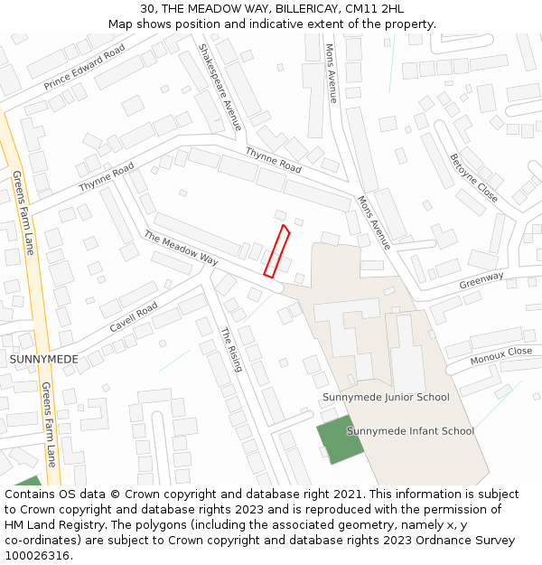 30, THE MEADOW WAY, BILLERICAY, CM11 2HL: Location map and indicative extent of plot