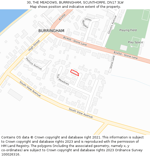 30, THE MEADOWS, BURRINGHAM, SCUNTHORPE, DN17 3LW: Location map and indicative extent of plot