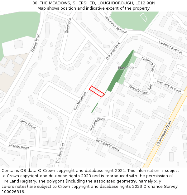 30, THE MEADOWS, SHEPSHED, LOUGHBOROUGH, LE12 9QN: Location map and indicative extent of plot