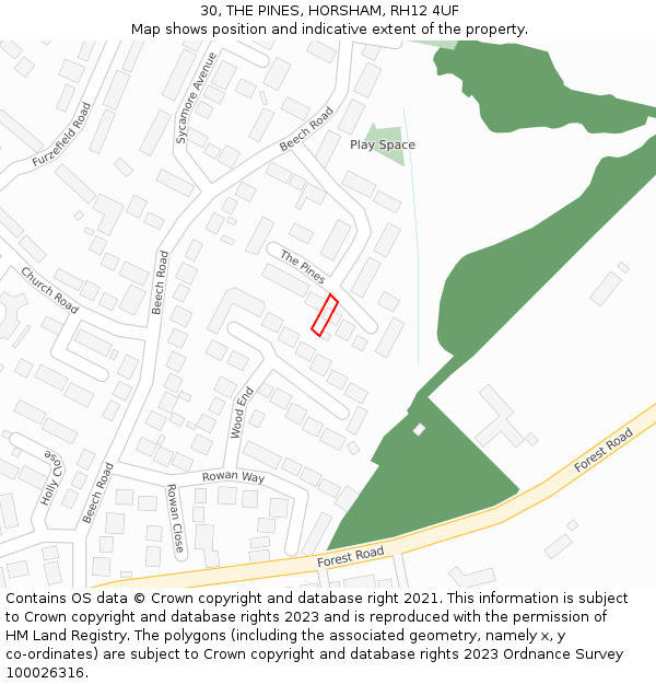 30, THE PINES, HORSHAM, RH12 4UF: Location map and indicative extent of plot