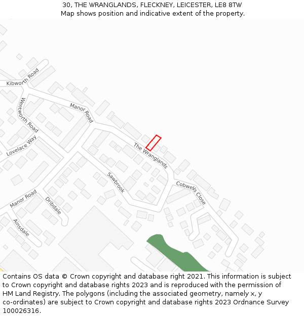 30, THE WRANGLANDS, FLECKNEY, LEICESTER, LE8 8TW: Location map and indicative extent of plot