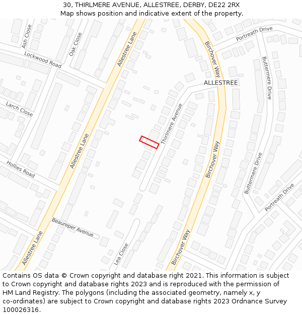 30, THIRLMERE AVENUE, ALLESTREE, DERBY, DE22 2RX: Location map and indicative extent of plot