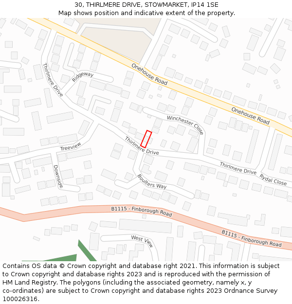 30, THIRLMERE DRIVE, STOWMARKET, IP14 1SE: Location map and indicative extent of plot