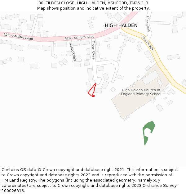 30, TILDEN CLOSE, HIGH HALDEN, ASHFORD, TN26 3LR: Location map and indicative extent of plot