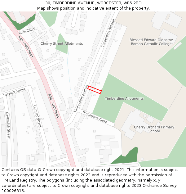 30, TIMBERDINE AVENUE, WORCESTER, WR5 2BD: Location map and indicative extent of plot