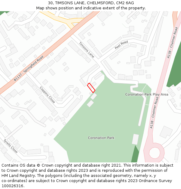 30, TIMSONS LANE, CHELMSFORD, CM2 6AG: Location map and indicative extent of plot