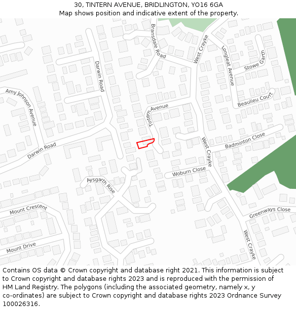 30, TINTERN AVENUE, BRIDLINGTON, YO16 6GA: Location map and indicative extent of plot