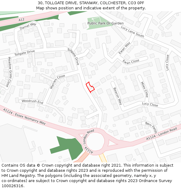 30, TOLLGATE DRIVE, STANWAY, COLCHESTER, CO3 0PF: Location map and indicative extent of plot