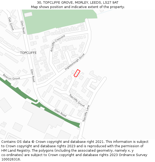 30, TOPCLIFFE GROVE, MORLEY, LEEDS, LS27 9AT: Location map and indicative extent of plot