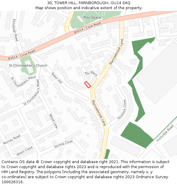 30, TOWER HILL, FARNBOROUGH, GU14 0AQ: Location map and indicative extent of plot