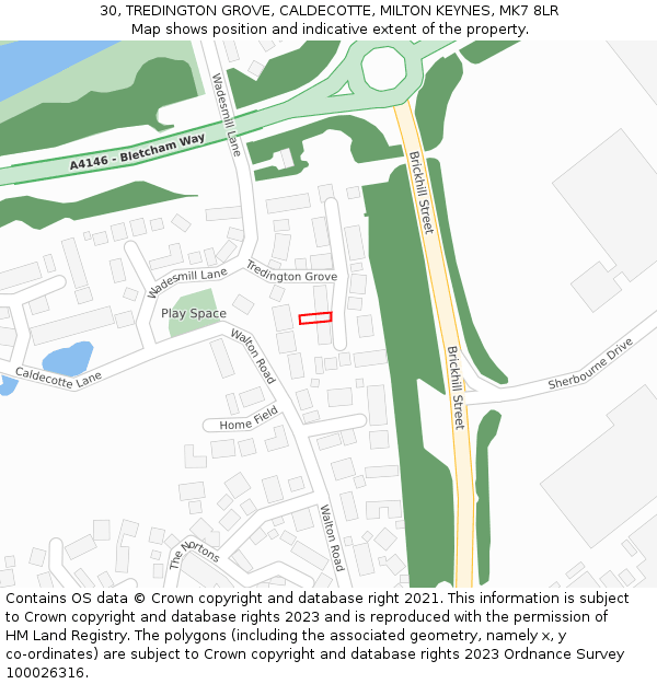 30, TREDINGTON GROVE, CALDECOTTE, MILTON KEYNES, MK7 8LR: Location map and indicative extent of plot