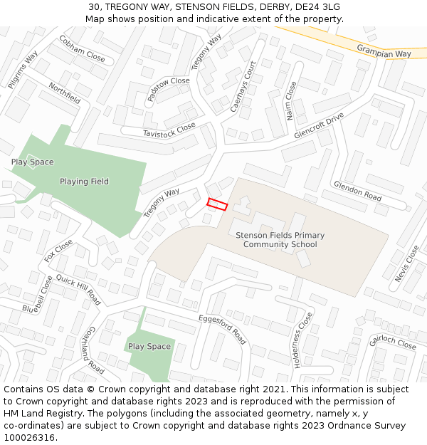 30, TREGONY WAY, STENSON FIELDS, DERBY, DE24 3LG: Location map and indicative extent of plot