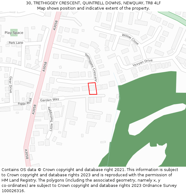 30, TRETHIGGEY CRESCENT, QUINTRELL DOWNS, NEWQUAY, TR8 4LF: Location map and indicative extent of plot