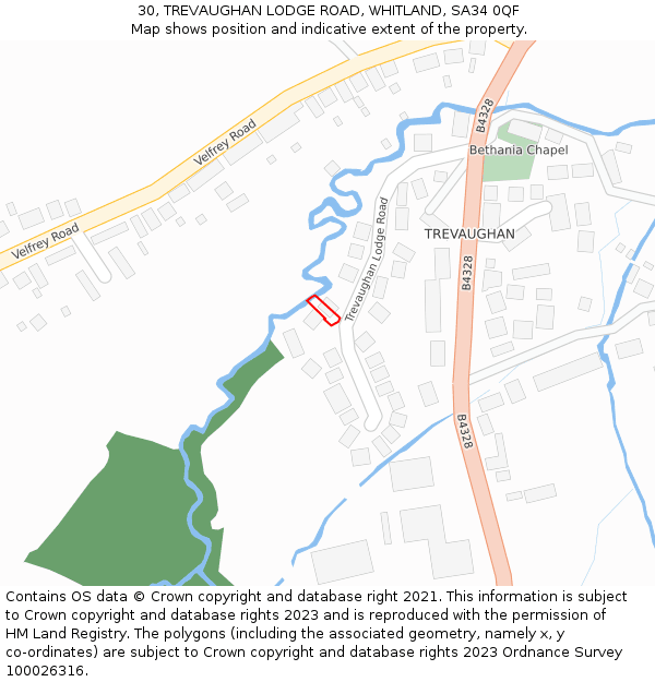 30, TREVAUGHAN LODGE ROAD, WHITLAND, SA34 0QF: Location map and indicative extent of plot