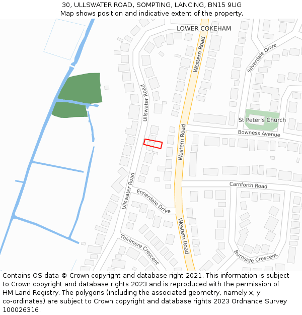 30, ULLSWATER ROAD, SOMPTING, LANCING, BN15 9UG: Location map and indicative extent of plot