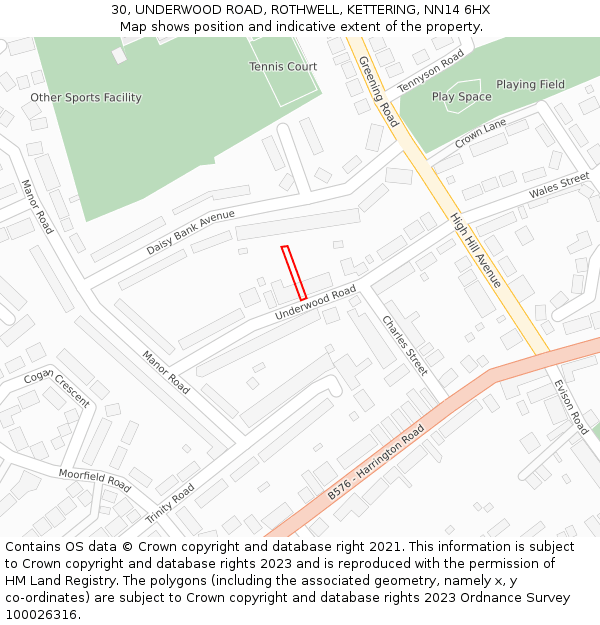 30, UNDERWOOD ROAD, ROTHWELL, KETTERING, NN14 6HX: Location map and indicative extent of plot