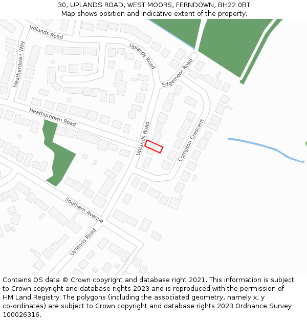30, UPLANDS ROAD, WEST MOORS, FERNDOWN, BH22 0BT: Location map and indicative extent of plot