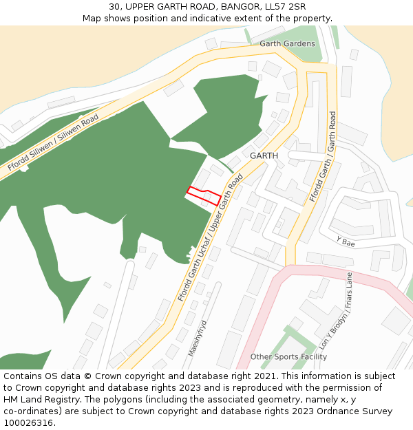 30, UPPER GARTH ROAD, BANGOR, LL57 2SR: Location map and indicative extent of plot