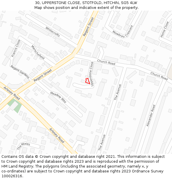 30, UPPERSTONE CLOSE, STOTFOLD, HITCHIN, SG5 4LW: Location map and indicative extent of plot