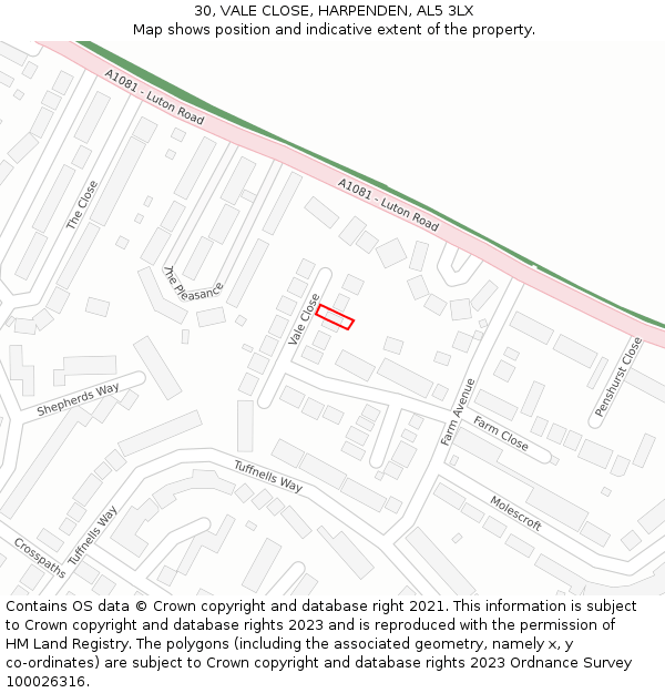30, VALE CLOSE, HARPENDEN, AL5 3LX: Location map and indicative extent of plot