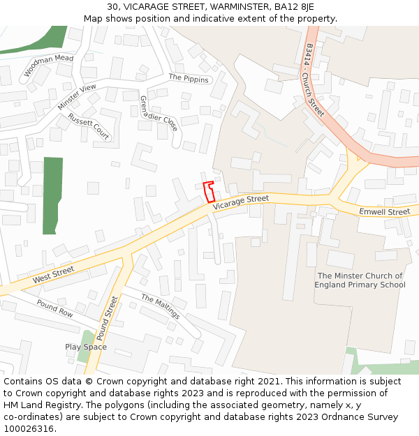 30, VICARAGE STREET, WARMINSTER, BA12 8JE: Location map and indicative extent of plot