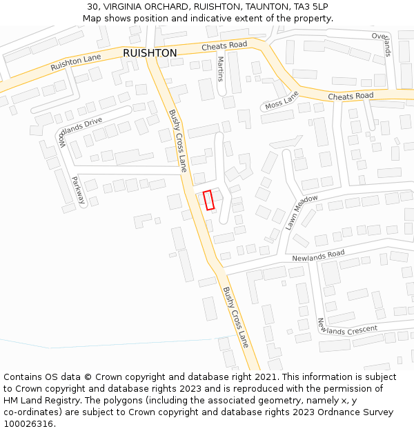 30, VIRGINIA ORCHARD, RUISHTON, TAUNTON, TA3 5LP: Location map and indicative extent of plot